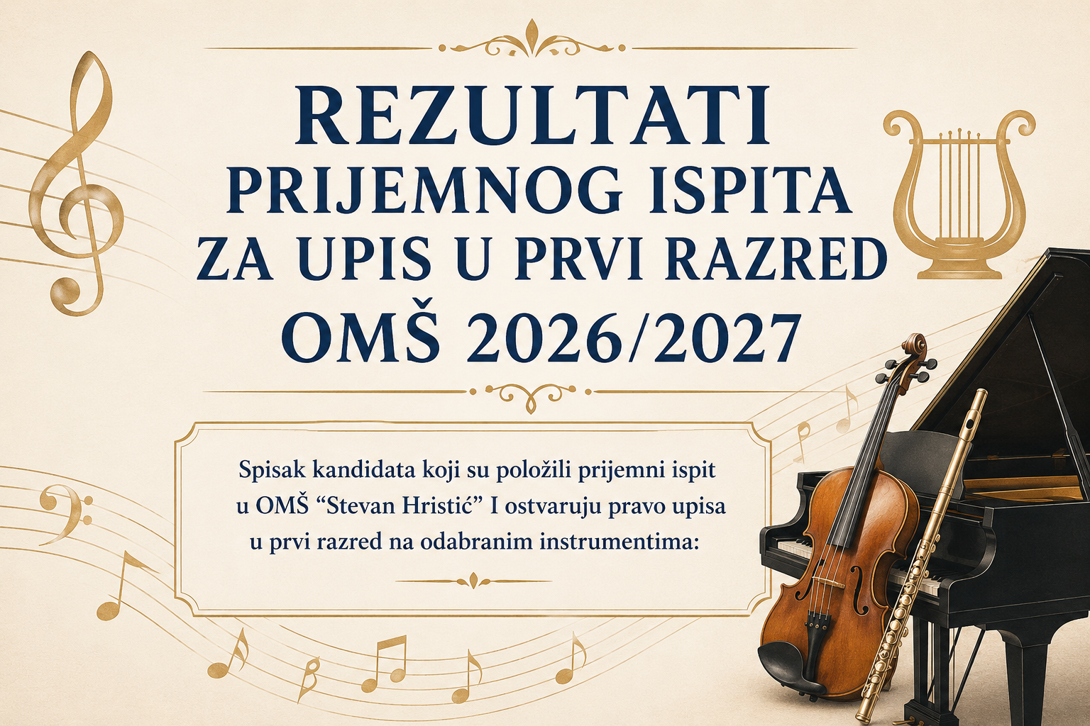 РЕЗУЛТАТI ПРIЈЕМНОГ IСПIТА ЗА УПIС У ПРVI РАЗРЕД ОМШ 2026/2027